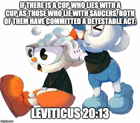IF THERE IS A CUP WHO LIES WITH A CUP AS THOSE WHO LIE WITH SAUCERS, BOTH OF THEM HAVE COMMITTED A DETESTABLE ACT. LEVITICUS 20:13 | image tagged in cuphead | made w/ Imgflip meme maker
