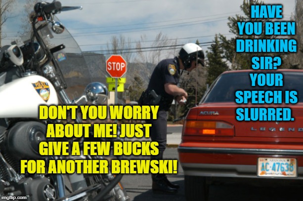 Police Pull Over | HAVE YOU BEEN DRINKING SIR? YOUR SPEECH IS SLURRED. DON'T YOU WORRY ABOUT ME! JUST GIVE A FEW BUCKS FOR ANOTHER BREWSKI! | image tagged in police pull over | made w/ Imgflip meme maker