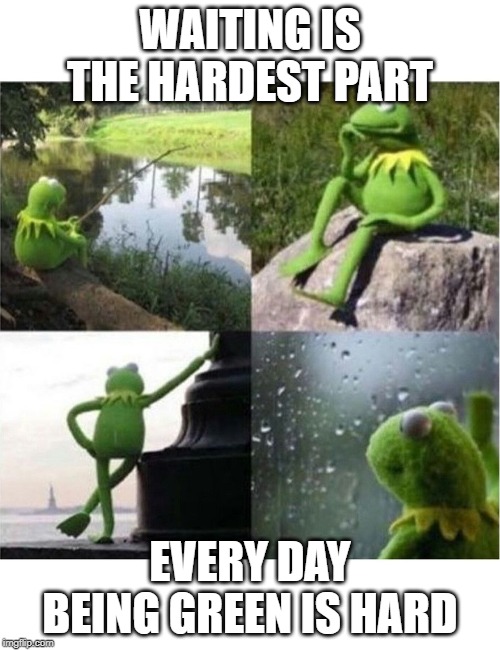 blank kermit waiting | WAITING IS THE HARDEST PART; EVERY DAY BEING GREEN IS HARD | image tagged in blank kermit waiting | made w/ Imgflip meme maker