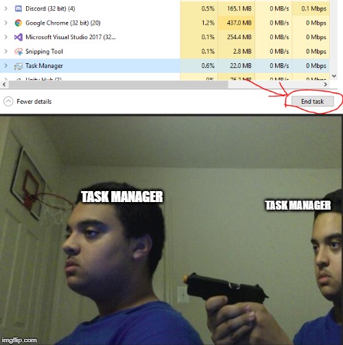 TASK MANAGER; TASK MANAGER | image tagged in trust nobody not even yourself | made w/ Imgflip meme maker