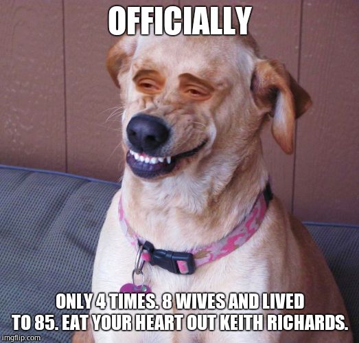 Dog smile | OFFICIALLY ONLY 4 TIMES. 8 WIVES AND LIVED TO 85. EAT YOUR HEART OUT KEITH RICHARDS. | image tagged in dog smile | made w/ Imgflip meme maker