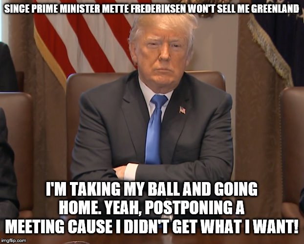 Stubborn Trump | SINCE PRIME MINISTER METTE FREDERIKSEN WON'T SELL ME GREENLAND; I'M TAKING MY BALL AND GOING HOME. YEAH, POSTPONING A MEETING CAUSE I DIDN'T GET WHAT I WANT! | image tagged in stubborn trump | made w/ Imgflip meme maker