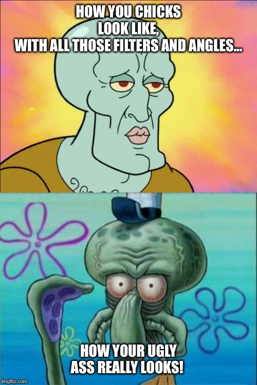 Squidward Meme | HOW YOU CHICKS LOOK LIKE,
WITH ALL THOSE FILTERS AND ANGLES... HOW YOUR UGLY ASS REALLY LOOKS! | image tagged in memes,squidward | made w/ Imgflip meme maker