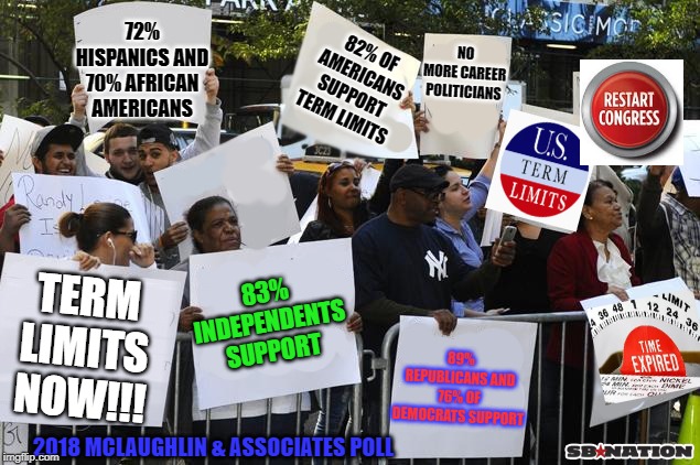 protest signs | 72% HISPANICS AND 70% AFRICAN AMERICANS; NO MORE CAREER POLITICIANS; 82% OF AMERICANS SUPPORT TERM LIMITS; 83% INDEPENDENTS SUPPORT; 89% REPUBLICANS AND 76% OF DEMOCRATS SUPPORT; TERM LIMITS NOW!!! 2018 MCLAUGHLIN & ASSOCIATES POLL | image tagged in protest signs,congress | made w/ Imgflip meme maker