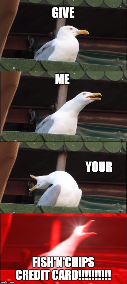 Inhaling Seagull | GIVE; ME; YOUR; FISH'N'CHIPS CREDIT CARD!!!!!!!!!! | image tagged in memes,inhaling seagull | made w/ Imgflip meme maker