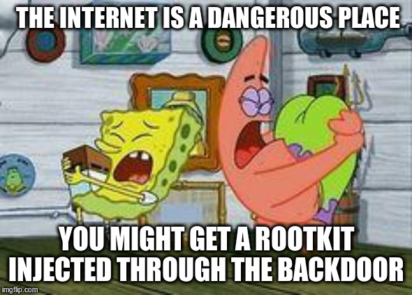 Spongebob Butthurt | THE INTERNET IS A DANGEROUS PLACE; YOU MIGHT GET A ROOTKIT INJECTED THROUGH THE BACKDOOR | image tagged in spongebob butthurt | made w/ Imgflip meme maker