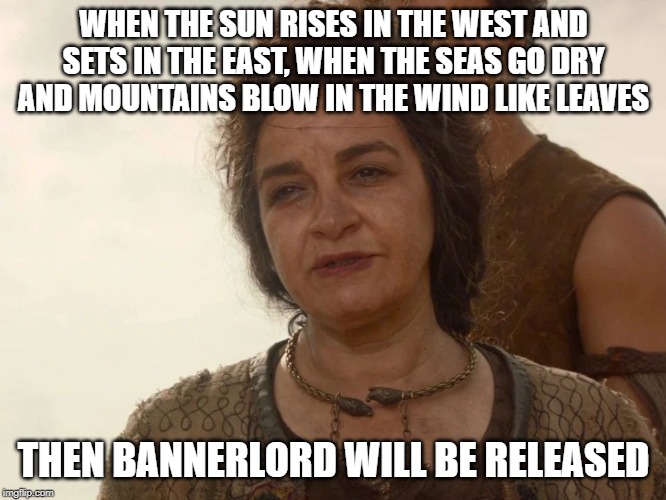 WHEN THE SUN RISES IN THE WEST AND SETS IN THE EAST, WHEN THE SEAS GO DRY AND MOUNTAINS BLOW IN THE WIND LIKE LEAVES; THEN BANNERLORD WILL BE RELEASED | made w/ Imgflip meme maker