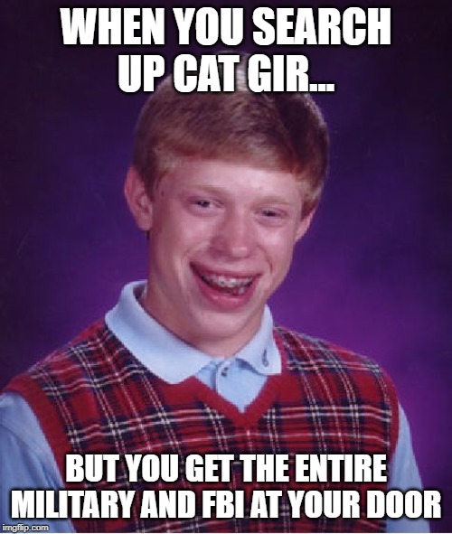 Bad Luck Brian | WHEN YOU SEARCH UP CAT GIR... BUT YOU GET THE ENTIRE MILITARY AND FBI AT YOUR DOOR | image tagged in memes,bad luck brian | made w/ Imgflip meme maker