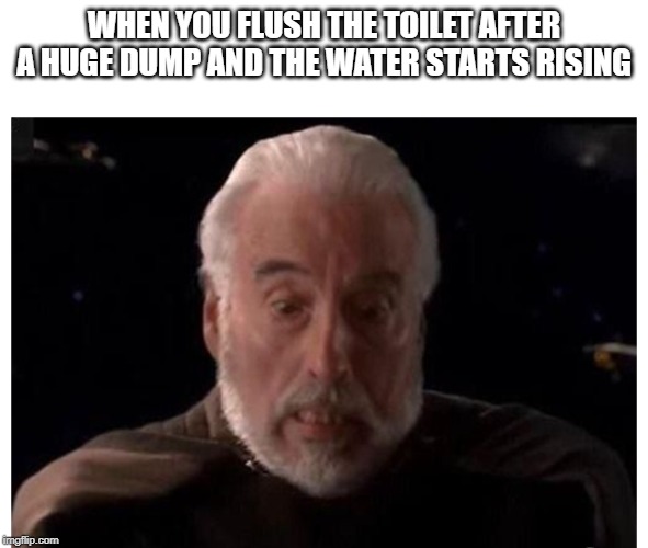 Literally everyone | WHEN YOU FLUSH THE TOILET AFTER A HUGE DUMP AND THE WATER STARTS RISING | image tagged in count dooku suprise,dump | made w/ Imgflip meme maker