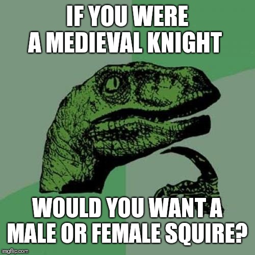 Philosoraptor Meme | IF YOU WERE A MEDIEVAL KNIGHT; WOULD YOU WANT A MALE OR FEMALE SQUIRE? | image tagged in memes,philosoraptor | made w/ Imgflip meme maker