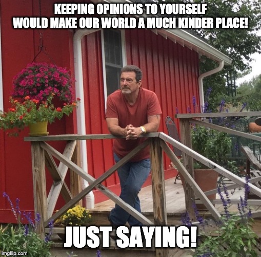 Pondering |  KEEPING OPINIONS TO YOURSELF WOULD MAKE OUR WORLD A MUCH KINDER PLACE! JUST SAYING! | image tagged in pondering | made w/ Imgflip meme maker