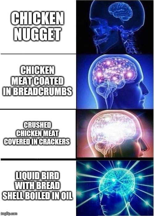 Chicken nugget. | CHICKEN NUGGET; CHICKEN MEAT COATED IN BREADCRUMBS; CRUSHED CHICKEN MEAT COVERED IN CRACKERS; LIQUID BIRD WITH BREAD SHELL BOILED IN OIL | image tagged in memes,expanding brain,chicken,chicken nuggets | made w/ Imgflip meme maker