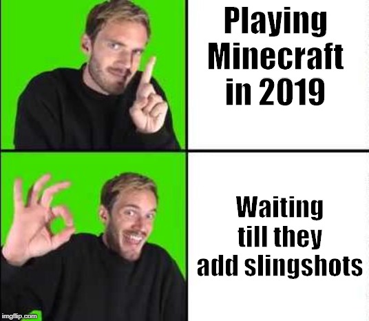 I don't even know | Playing Minecraft in 2019; Waiting till they add slingshots | image tagged in drake pewdiepie | made w/ Imgflip meme maker