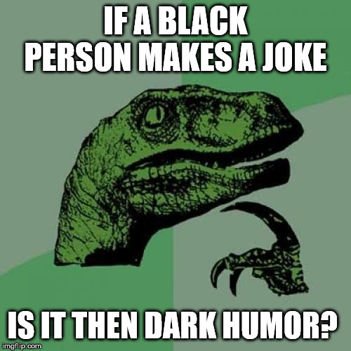 Philosoraptor | IF A BLACK PERSON MAKES A JOKE; IS IT THEN DARK HUMOR? | image tagged in memes,philosoraptor | made w/ Imgflip meme maker