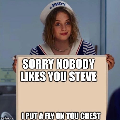 Robin Stranger Things Meme | SORRY NOBODY LIKES YOU STEVE I PUT A FLY ON YOU CHEST | image tagged in robin stranger things meme | made w/ Imgflip meme maker