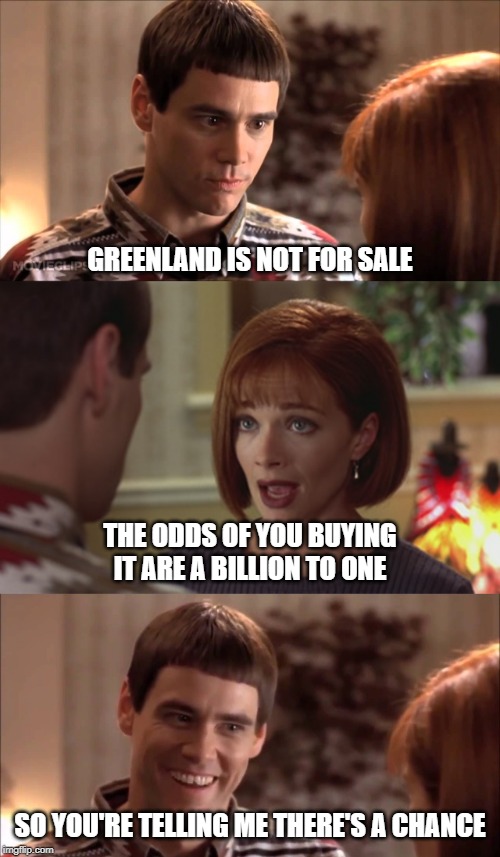 GREENLAND IS NOT FOR SALE; THE ODDS OF YOU BUYING IT ARE A BILLION TO ONE; SO YOU'RE TELLING ME THERE'S A CHANCE | image tagged in greenland,dumbanddumber,billiontoone,theodds,theresachance | made w/ Imgflip meme maker