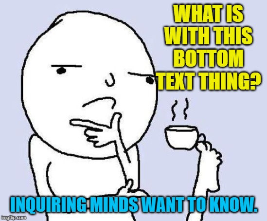 thinking meme | WHAT IS WITH THIS BOTTOM TEXT THING? INQUIRING MINDS WANT TO KNOW. | image tagged in thinking meme | made w/ Imgflip meme maker