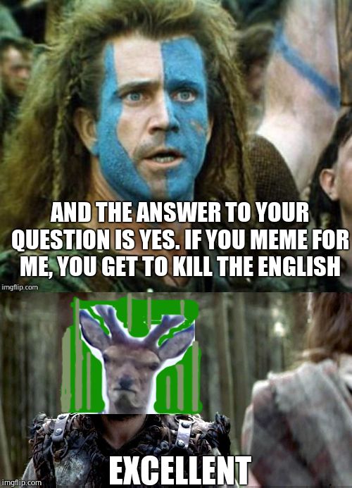 RIP Timiddeer | AND THE ANSWER TO YOUR QUESTION IS YES. IF YOU MEME FOR ME, YOU GET TO KILL THE ENGLISH; EXCELLENT | image tagged in stephen braveheart | made w/ Imgflip meme maker
