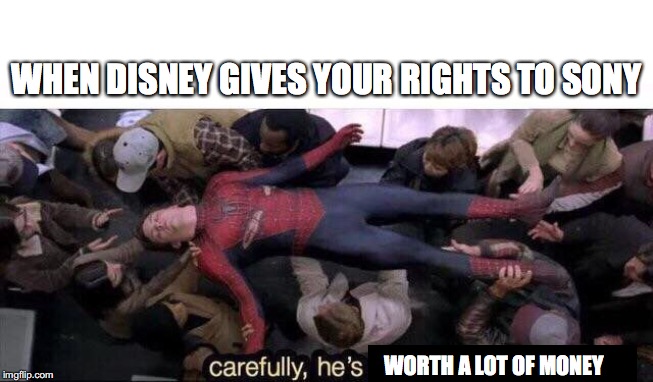 Carefully he's worth a lot of money | WHEN DISNEY GIVES YOUR RIGHTS TO SONY; WORTH A LOT OF MONEY | image tagged in carefully he's a hero,spiderman,sony,disney,mcu,deal | made w/ Imgflip meme maker