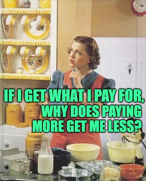 The PhilosoHousewife Goes Shopping | IF I GET WHAT I PAY FOR, WHY DOES PAYING MORE GET ME LESS? | image tagged in vintage kitchen query,housewife,economics,money,so true memes,good question | made w/ Imgflip meme maker