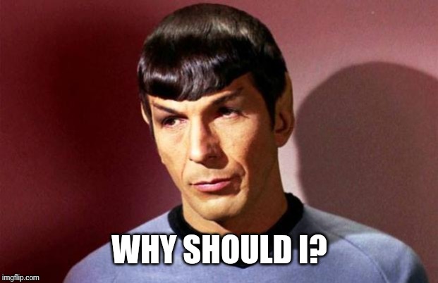 Sassy Spock | WHY SHOULD I? | image tagged in sassy spock | made w/ Imgflip meme maker