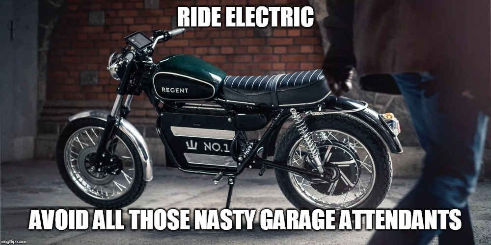 ride electric | RIDE ELECTRIC; AVOID ALL THOSE NASTY GARAGE ATTENDANTS | image tagged in electric,battery | made w/ Imgflip meme maker