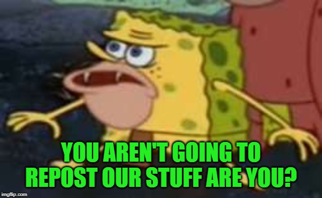 Spongegar Meme | YOU AREN'T GOING TO REPOST OUR STUFF ARE YOU? | image tagged in memes,spongegar | made w/ Imgflip meme maker