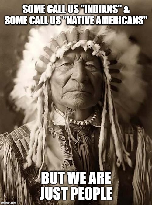 Wise Indian |  SOME CALL US "INDIANS" & SOME CALL US "NATIVE AMERICANS"; BUT WE ARE JUST PEOPLE | image tagged in wise indian | made w/ Imgflip meme maker