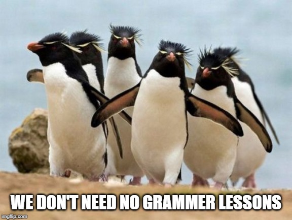 Penguin Gang Meme | WE DON'T NEED NO GRAMMER LESSONS | image tagged in memes,penguin gang | made w/ Imgflip meme maker