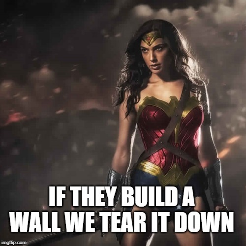 Badass Wonder Woman | IF THEY BUILD A WALL WE TEAR IT DOWN | image tagged in badass wonder woman | made w/ Imgflip meme maker