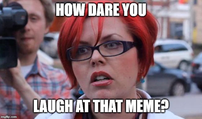 Angry Feminist | HOW DARE YOU LAUGH AT THAT MEME? | image tagged in angry feminist | made w/ Imgflip meme maker