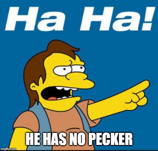 Nelson Laugh Old | HE HAS NO PECKER | image tagged in nelson laugh old | made w/ Imgflip meme maker