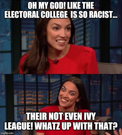 The Electoral College is so Racist you guys... | OH MY GOD! LIKE THE ELECTORAL COLLEGE  IS SO RACIST... THEIR NOT EVEN IVY LEAGUE! WHATZ UP WITH THAT? | image tagged in aoc,electoral college,racism,the squad,libtard,fake news | made w/ Imgflip meme maker