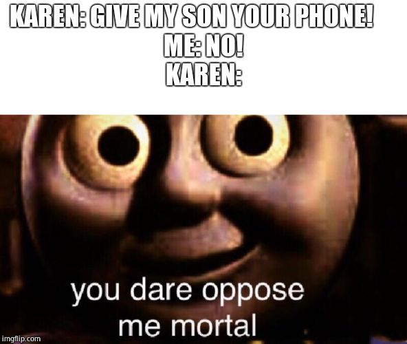 You Dare Oppose Me? | KAREN: GIVE MY SON YOUR PHONE!     
ME: NO!
KAREN: | image tagged in you dare oppose me | made w/ Imgflip meme maker