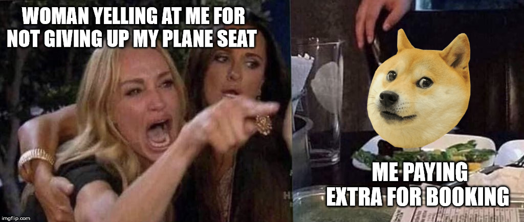 woman yelling at cat | WOMAN YELLING AT ME FOR NOT GIVING UP MY PLANE SEAT; ME PAYING EXTRA FOR BOOKING | image tagged in woman yelling at cat | made w/ Imgflip meme maker