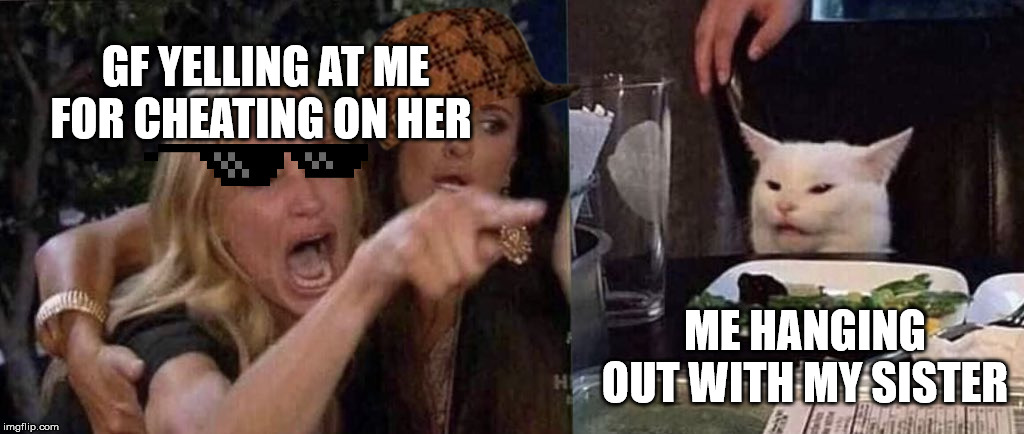woman yelling at cat | GF YELLING AT ME FOR CHEATING ON HER; ME HANGING OUT WITH MY SISTER | image tagged in woman yelling at cat | made w/ Imgflip meme maker