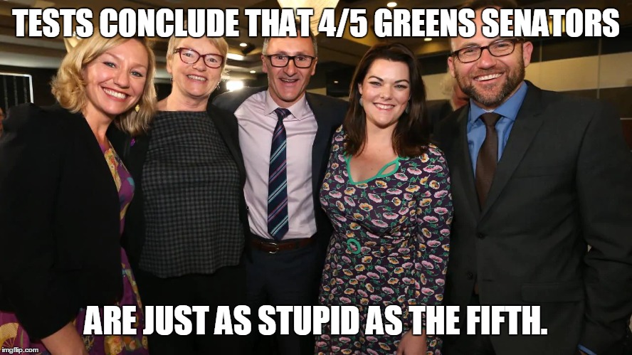 TESTS CONCLUDE THAT 4/5 GREENS SENATORS ARE JUST AS STUPID AS THE FIFTH. | made w/ Imgflip meme maker