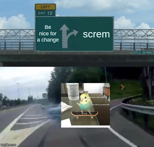Left Exit 12 Off Ramp | Be nice for a change; screm | image tagged in memes,left exit 12 off ramp | made w/ Imgflip meme maker