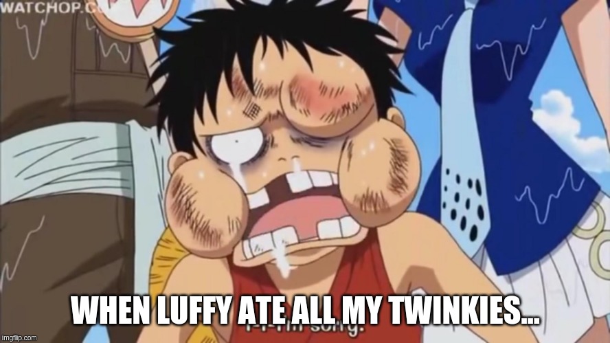 Luffy Beaten up | WHEN LUFFY ATE ALL MY TWINKIES... | image tagged in luffy beaten up | made w/ Imgflip meme maker