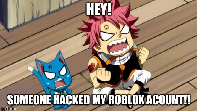 Natsu and Happy angry | HEY! SOMEONE HACKED MY ROBLOX ACOUNT!! | image tagged in natsu and happy angry,cats | made w/ Imgflip meme maker