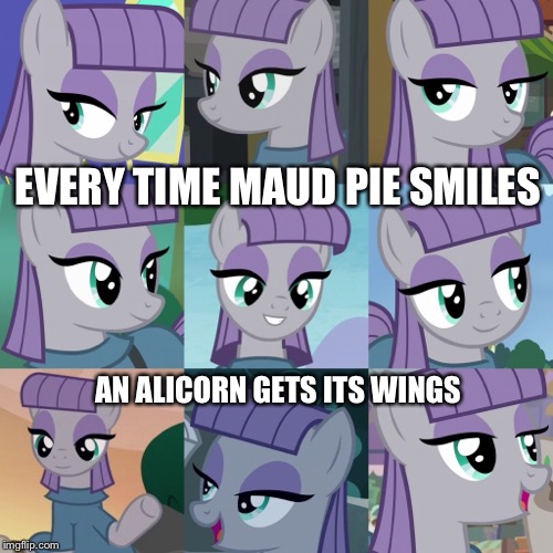 Maud Pie smiles | EVERY TIME MAUD PIE SMILES; AN ALICORN GETS ITS WINGS | image tagged in mlp fim,cute,smiling | made w/ Imgflip meme maker