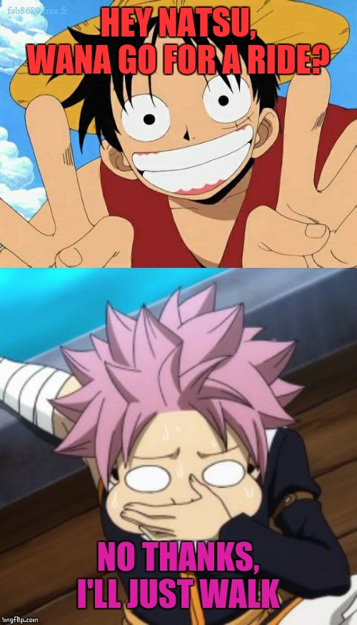 HEY NATSU, WANA GO FOR A RIDE? NO THANKS, I'LL JUST WALK | image tagged in memes,fairy tail,one piece,anime | made w/ Imgflip meme maker