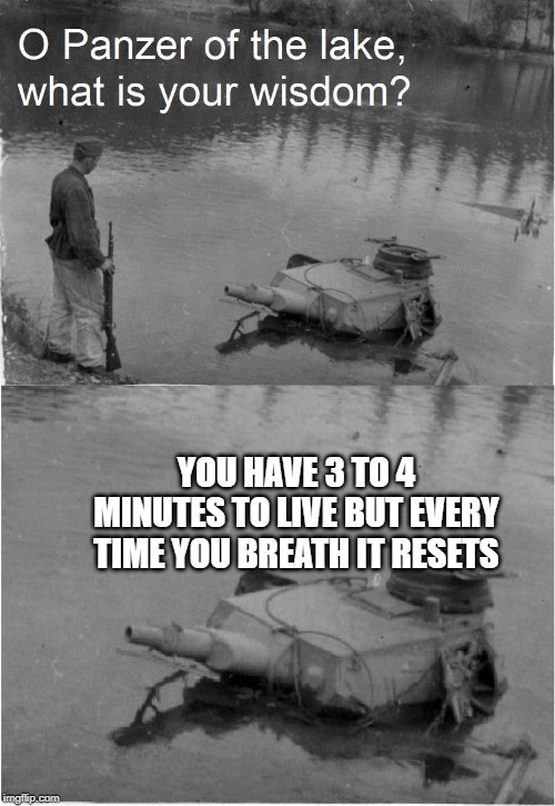 o panzer of the lake | YOU HAVE 3 TO 4 MINUTES TO LIVE BUT EVERY TIME YOU BREATH IT RESETS | image tagged in o panzer of the lake | made w/ Imgflip meme maker