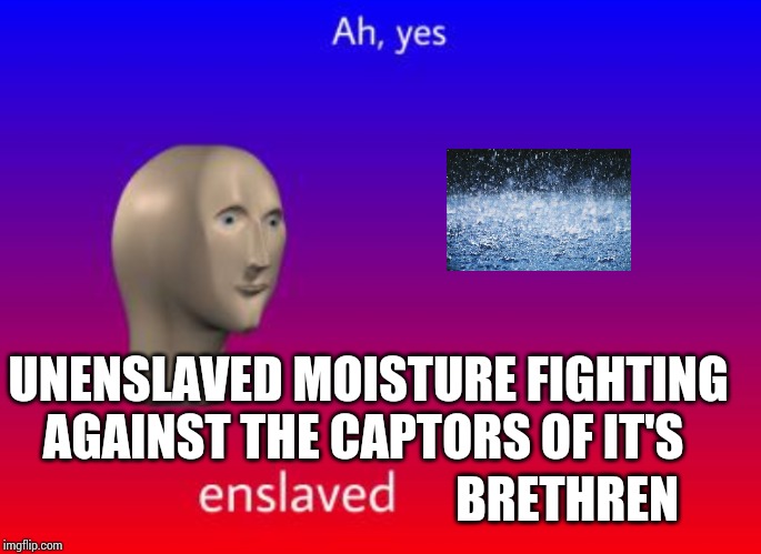 Ah yes blank | UNENSLAVED MOISTURE FIGHTING AGAINST THE CAPTORS OF IT'S; BRETHREN | image tagged in ah yes blank | made w/ Imgflip meme maker