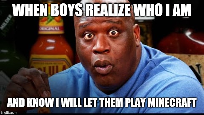 Shaq Eats Wings | WHEN BOYS REALIZE WHO I AM; AND KNOW I WILL LET THEM PLAY MINECRAFT | image tagged in shaq eats wings | made w/ Imgflip meme maker