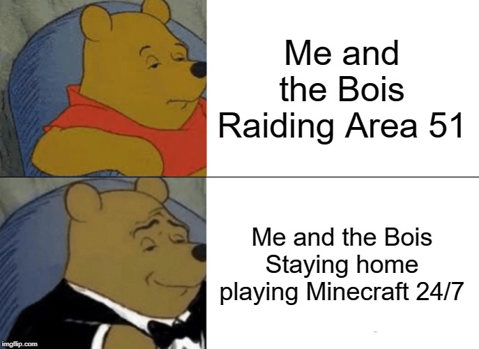 Tuxedo Winnie The Pooh | Me and the Bois Raiding Area 51; Me and the Bois Staying home playing Minecraft 24/7 | image tagged in memes,tuxedo winnie the pooh | made w/ Imgflip meme maker