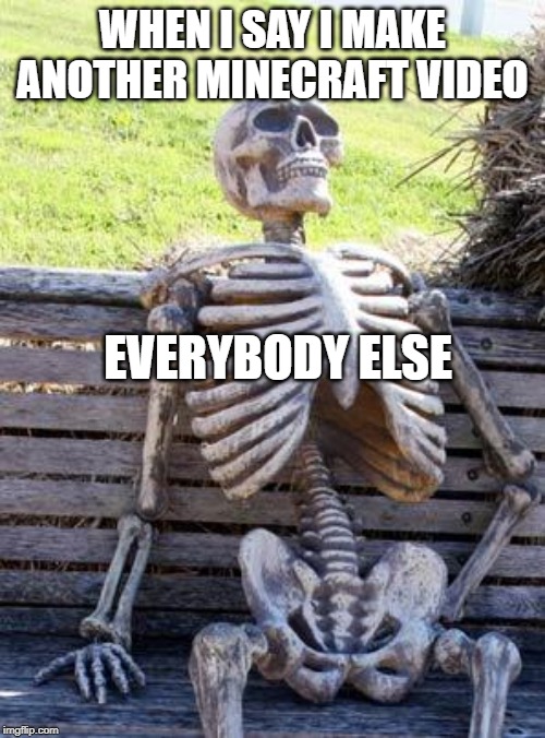 Waiting Skeleton Meme |  WHEN I SAY I MAKE ANOTHER MINECRAFT VIDEO; EVERYBODY ELSE | image tagged in memes,waiting skeleton | made w/ Imgflip meme maker