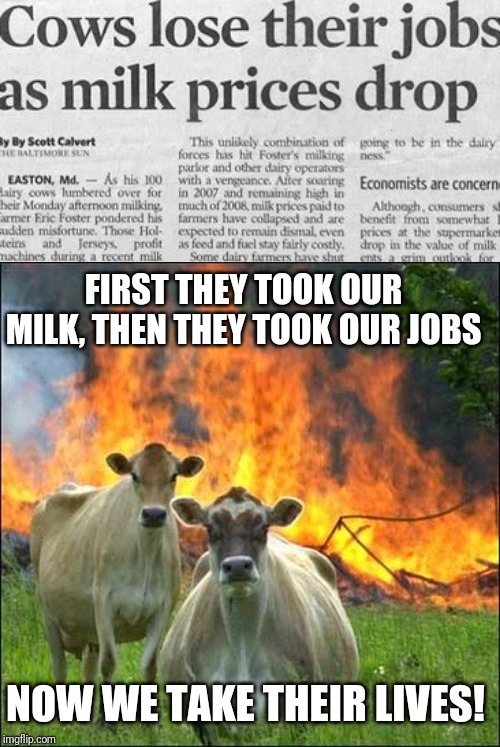 The Revolution is nigh |  FIRST THEY TOOK OUR MILK, THEN THEY TOOK OUR JOBS; NOW WE TAKE THEIR LIVES! | image tagged in memes,evil cows,revolution,flarp,me and the boys week,tag piggybacking shamelessly for visibility | made w/ Imgflip meme maker