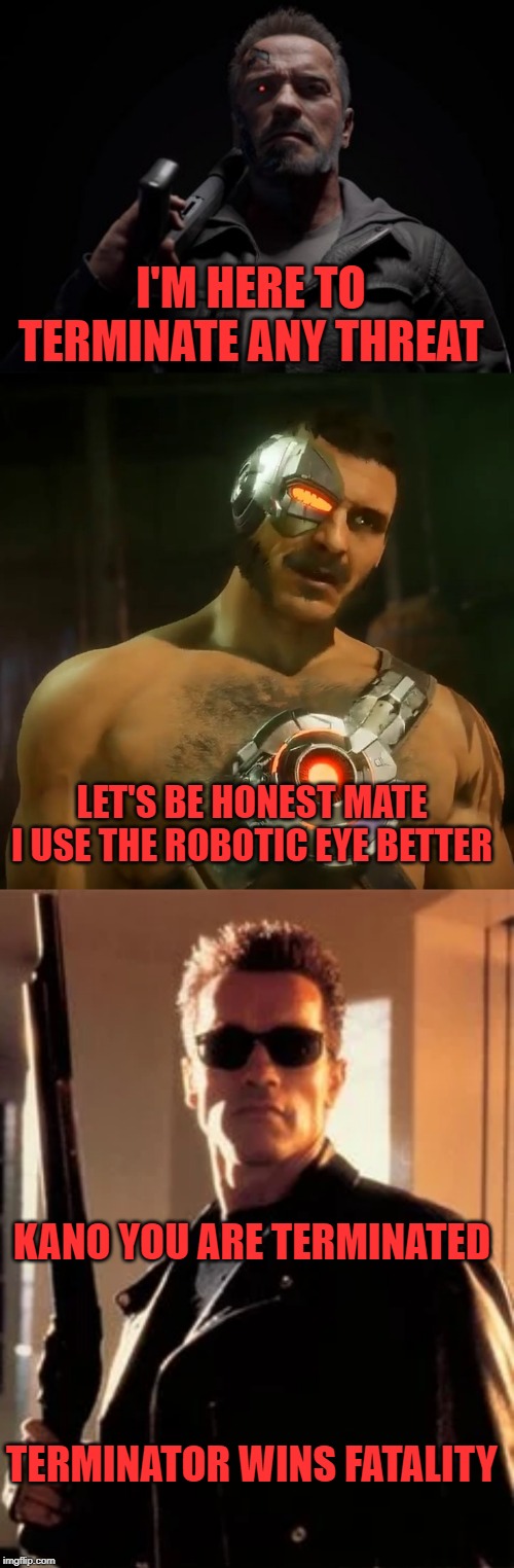 I'M HERE TO TERMINATE ANY THREAT; LET'S BE HONEST MATE I USE THE ROBOTIC EYE BETTER; KANO YOU ARE TERMINATED; TERMINATOR WINS FATALITY | image tagged in terminator,mortal kombat,machine | made w/ Imgflip meme maker