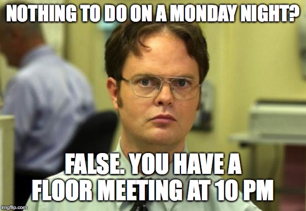 Dwight Schrute | NOTHING TO DO ON A MONDAY NIGHT? FALSE. YOU HAVE A FLOOR MEETING AT 10 PM | image tagged in memes,dwight schrute | made w/ Imgflip meme maker
